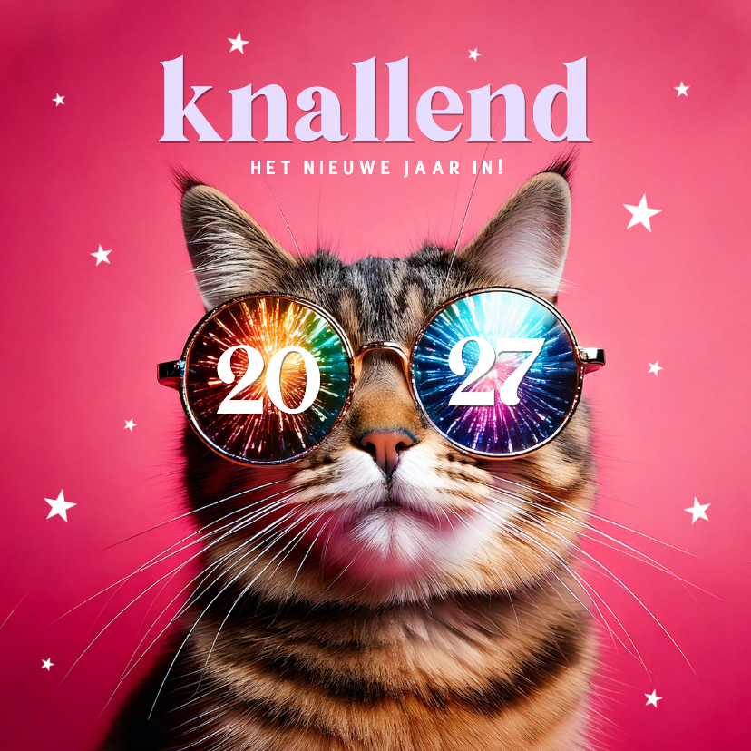 Originele nieuwjaarskaarten met kat met bril en sterren - Nieuwjaarskaarten Nieuwjaarskaarten - Originele nieuwjaarskaarten met kat met bril en sterren