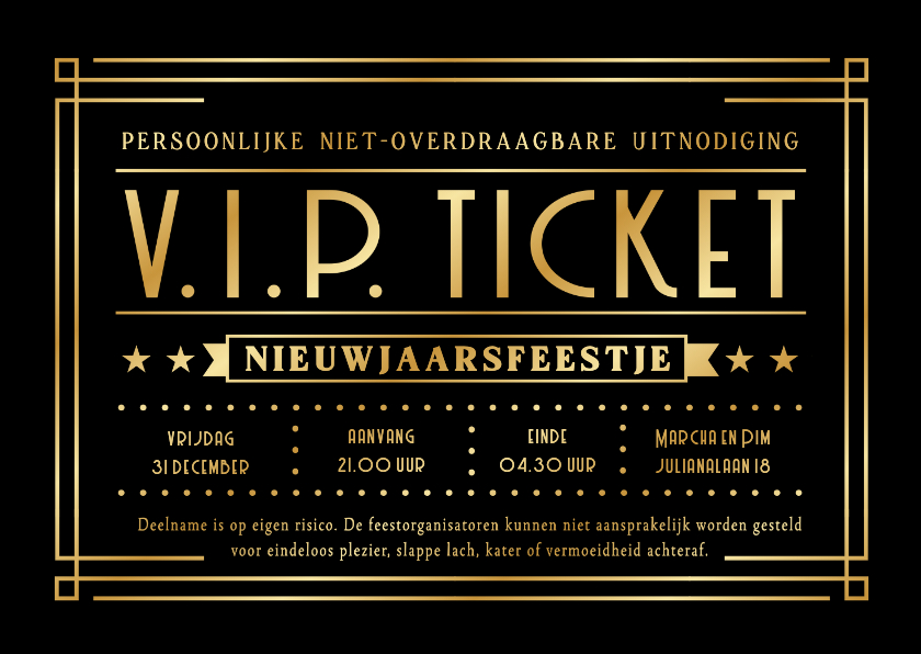 Nieuwjaarskaarten - Originele uitnodiging oud en nieuw VIP-ticket goud