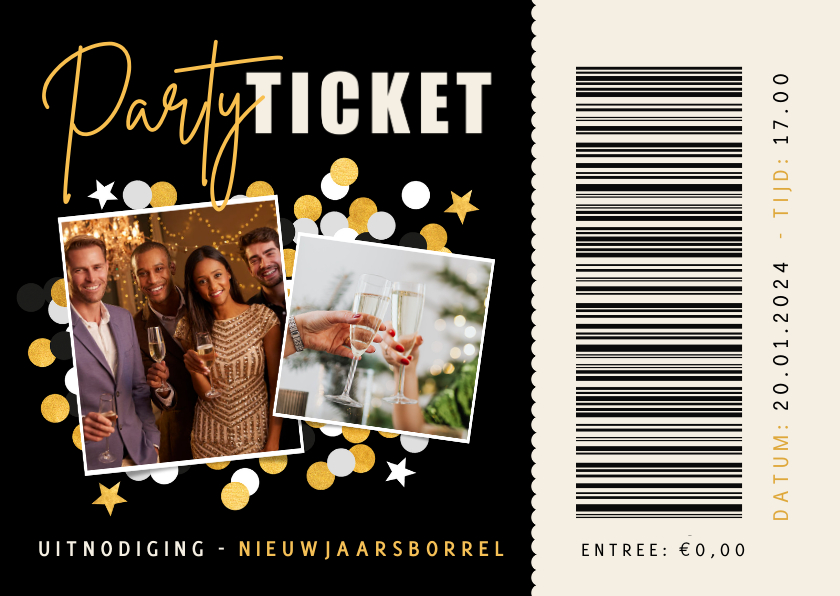 Nieuwjaarskaarten - Party ticket uitnodiging nieuwjaarsborrel entreebewijs