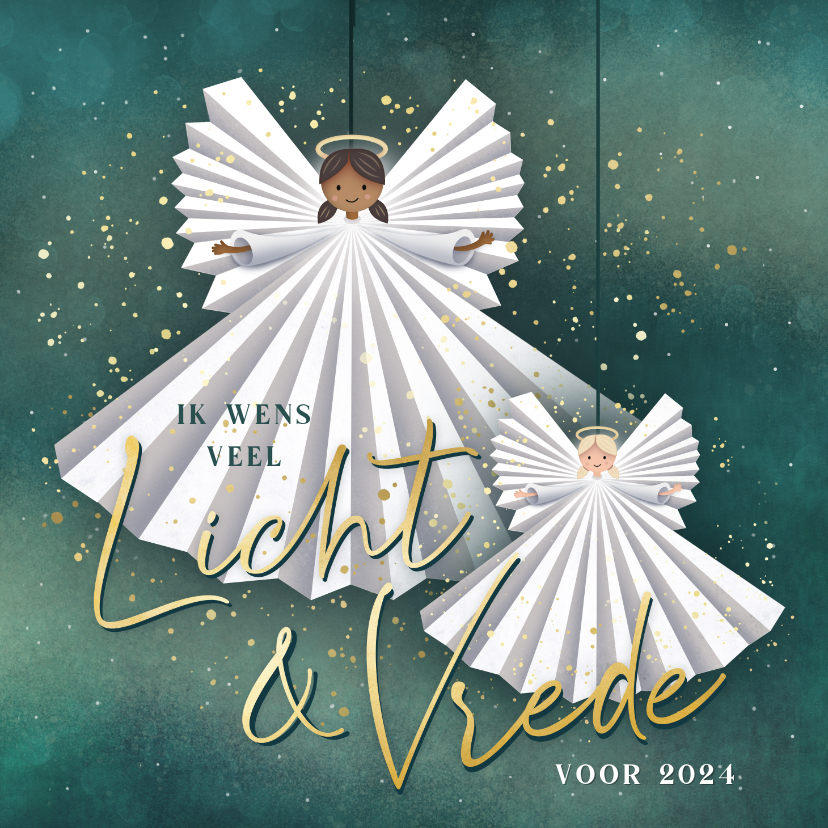 Nieuwjaarskaarten - Positieve nieuwjaarskaart Licht & Vrede met lieve engeltjes