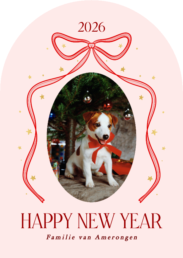 Roze foto nieuwjaarskaart met rode strik boogvorm - Nieuwjaarskaarten Nieuwjaarskaarten - Roze foto nieuwjaarskaart met rode strik boogvorm