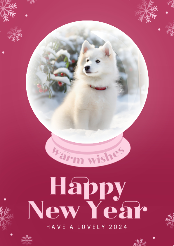 Nieuwjaarskaarten - Roze nieuwjaarskaartje met sneeuwvlokken sneeuwbol en foto 