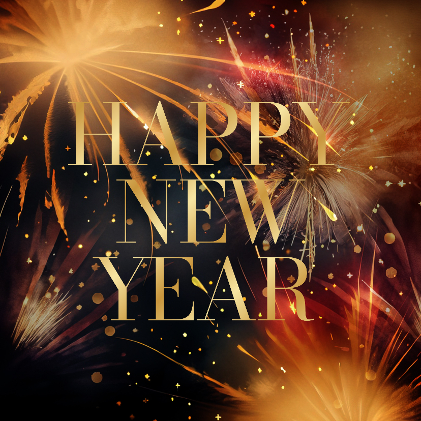 Nieuwjaarskaarten - Sfeervol nieuwjaarkaartje met vuurwerk happy new year goud