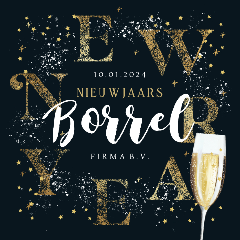 Nieuwjaarskaarten - Sfeervolle uitnodiging nieuwjaarsborrel champagneglas