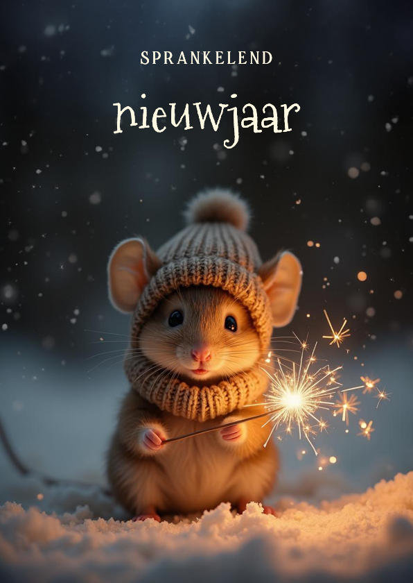 Nieuwjaarskaarten - Sprankelend nieuwjaarskaartje met schattig muisje