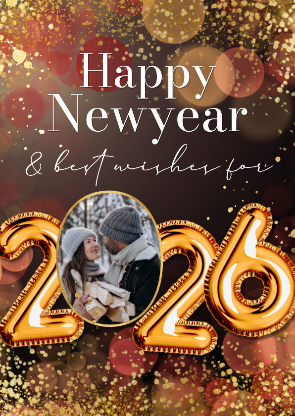 Nieuwjaarskaarten - Sprankelende nieuwjaarskaart cijferballon goud confetti foto