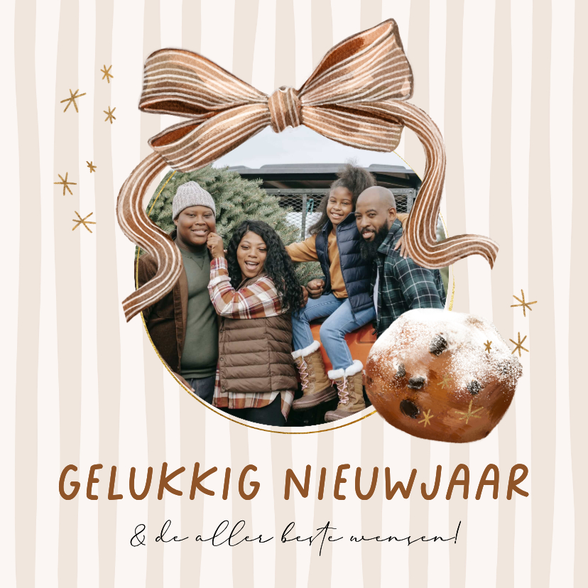 Nieuwjaarskaarten - Stijlvolle nieuwjaarsjaar streep strik watercolor oliebol