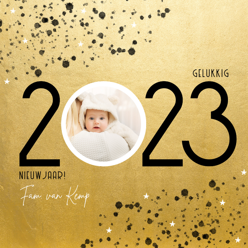 Nieuwjaarskaarten - Stijlvolle nieuwjaarskaart 2023 goudlook spetters en foto