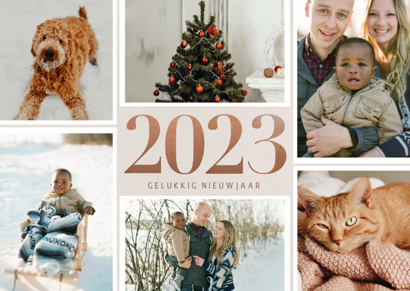 Stijlvolle nieuwjaarskaart bronzen 2023 en fotocollage - Nieuwjaarskaarten Nieuwjaarskaarten - Stijlvolle nieuwjaarskaart bronzen 2023 en fotocollage