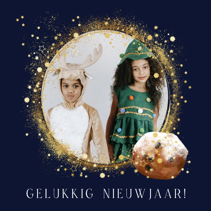 Nieuwjaarskaarten - Stijlvolle nieuwjaarskaart foto sterrenstof oliebol goud