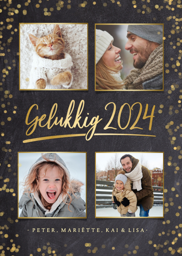 Nieuwjaarskaarten - Stijlvolle nieuwjaarskaart fotocollage met 4 foto's en goud