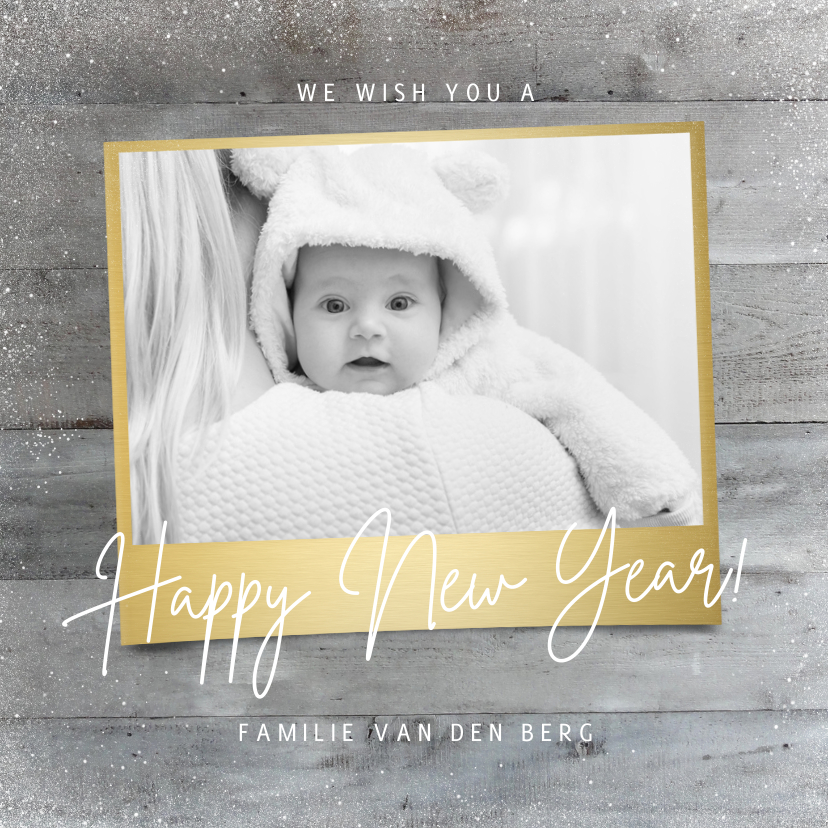 Nieuwjaarskaarten - Stijlvolle nieuwjaarskaart houtlook goud foto happy new year