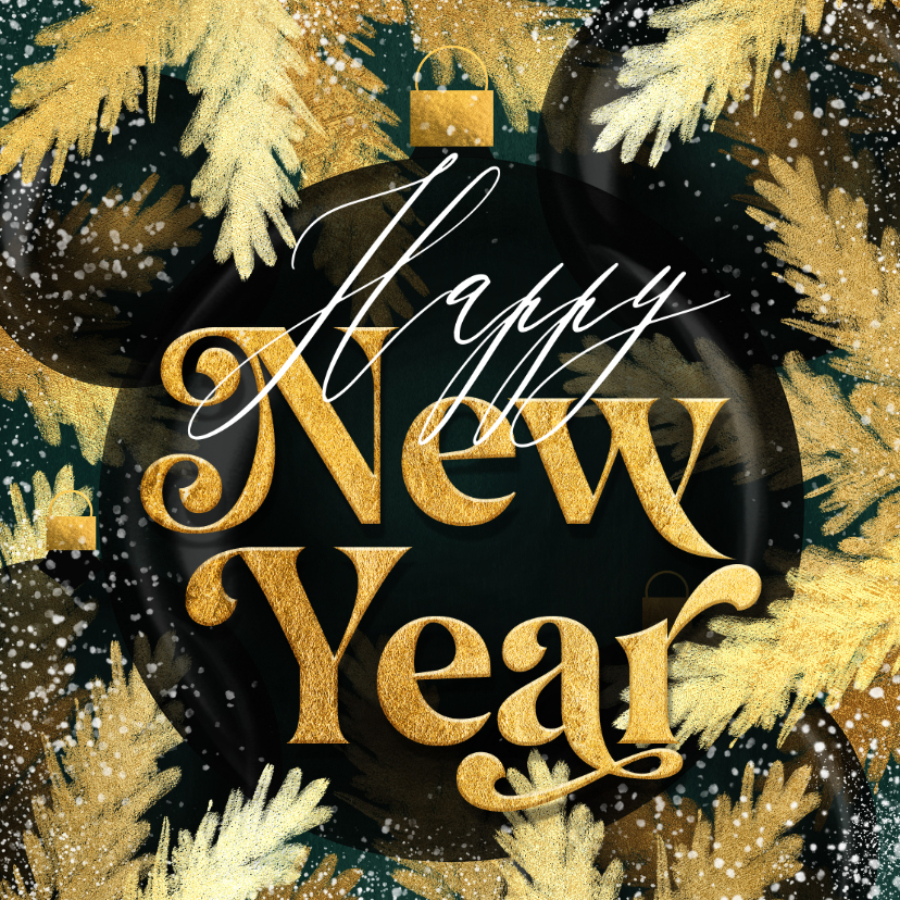 Nieuwjaarskaarten - Stijlvolle nieuwjaarskaart kerstballen zwart takken goud
