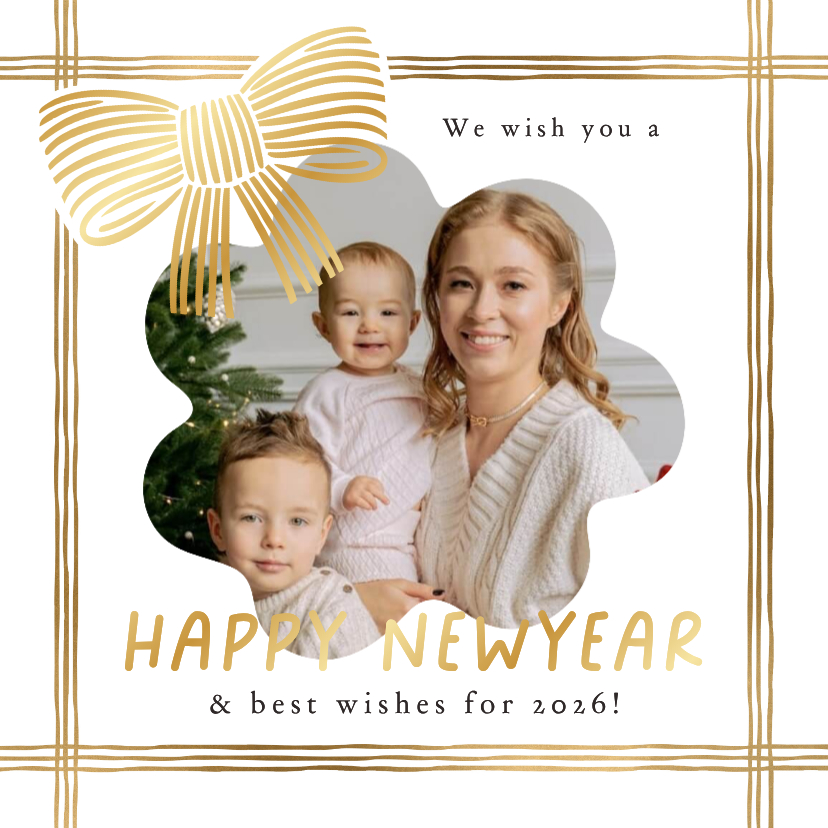 Stijlvolle nieuwjaarskaart linten strik lijntekening goud - Nieuwjaarskaarten Nieuwjaarskaarten - Stijlvolle nieuwjaarskaart linten strik lijntekening goud