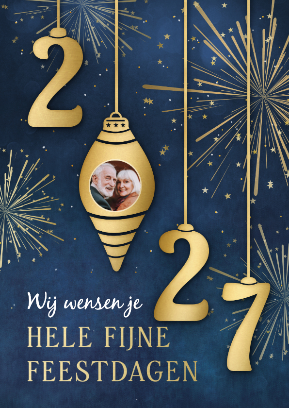 Stijlvolle nieuwjaarskaart met 2027 kerstballen en vuurwerk - Nieuwjaarskaarten Nieuwjaarskaarten - Stijlvolle nieuwjaarskaart met 2027 kerstballen en vuurwerk