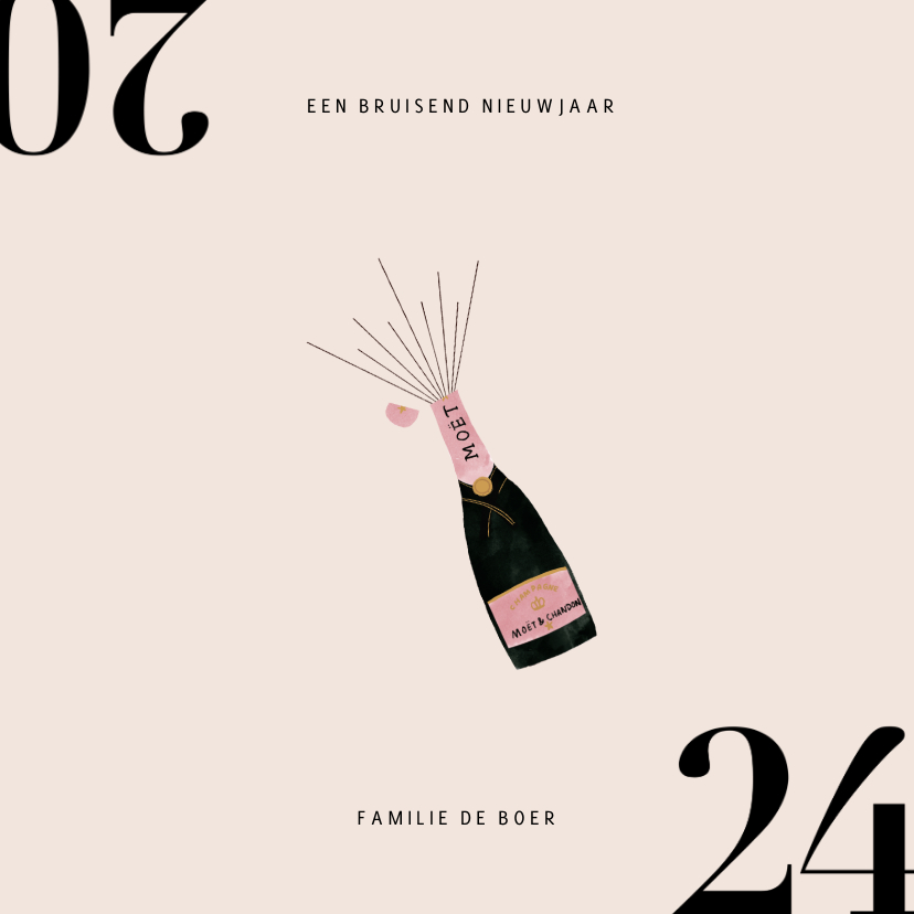 Nieuwjaarskaarten - Stijlvolle nieuwjaarskaart met champagnefles en 2024
