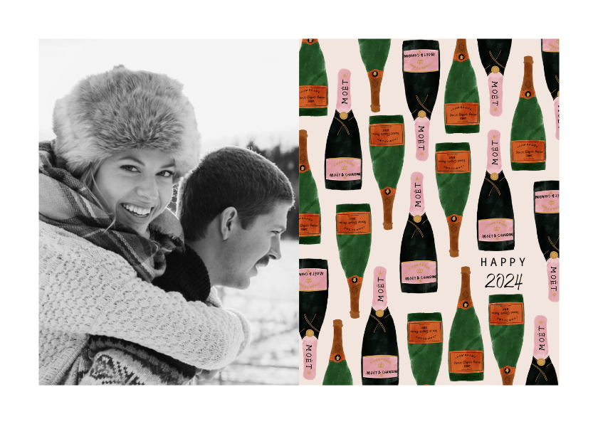 Nieuwjaarskaarten - Stijlvolle nieuwjaarskaart met foto en champagneflessen