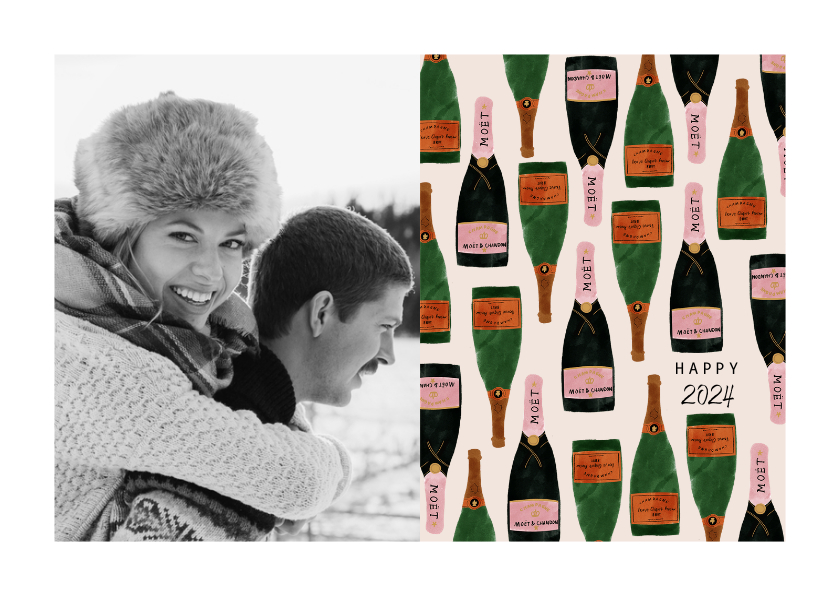 Stijlvolle nieuwjaarskaart met foto en champagneflessen - Nieuwjaarskaarten Nieuwjaarskaarten - Stijlvolle nieuwjaarskaart met foto en champagneflessen