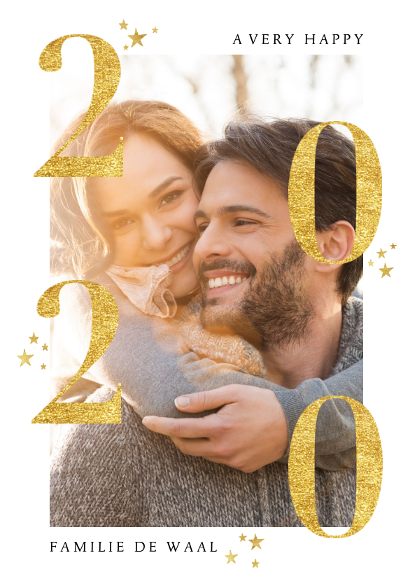 Stijlvolle nieuwjaarskaart met gouden 2020 en foto - Nieuwjaarskaarten Nieuwjaarskaarten - Stijlvolle nieuwjaarskaart met gouden 2020 en foto