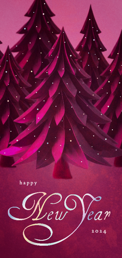 Nieuwjaarskaarten - Stijlvolle nieuwjaarskaart met kerstbomen bos in trendy roze