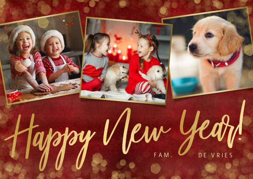Nieuwjaarskaarten - Stijlvolle rode nieuwjaarskaart met 3 eigen foto's en goud