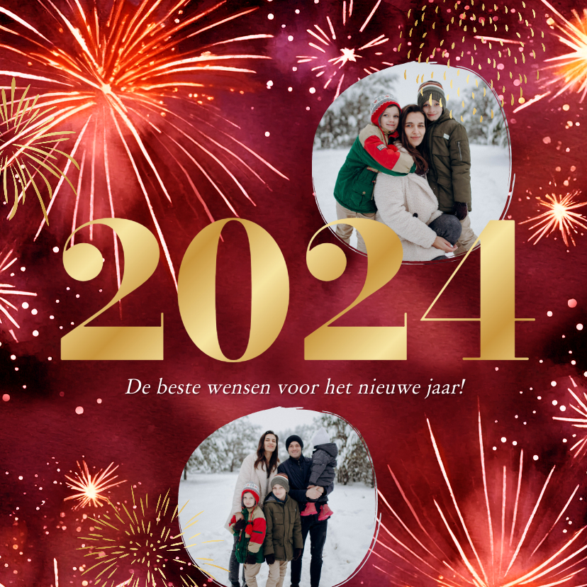 Nieuwjaarskaarten - Stijlvolle rode nieuwjaarskaart met vuurwerk en goud jaartal