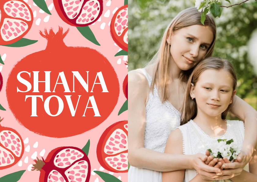 Nieuwjaarskaarten - Trendy kaart Joods nieuwjaar Shana Tova granaatappel foto
