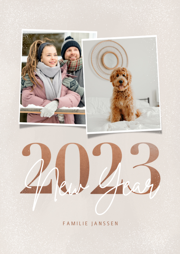 Trendy nieuwjaarskaart 2023 New year 2 foto's in aardetinten - Nieuwjaarskaarten Nieuwjaarskaarten - Trendy nieuwjaarskaart 2023 New year 2 foto's in aardetinten