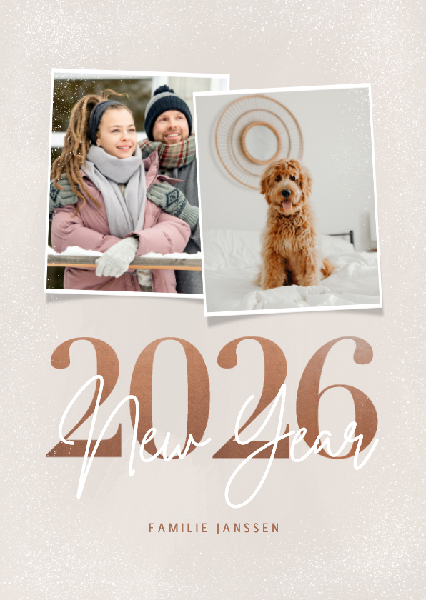 Trendy nieuwjaarskaart 2026 New year 2 foto's in aardetinten - Nieuwjaarskaarten Nieuwjaarskaarten - Trendy nieuwjaarskaart 2026 New year 2 foto's in aardetinten