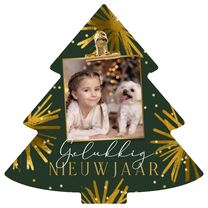 Trendy nieuwjaarskaart kerstboomvorm vuurwerk ster goud - Nieuwjaarskaarten Nieuwjaarskaarten - Trendy nieuwjaarskaart kerstboomvorm vuurwerk ster goud