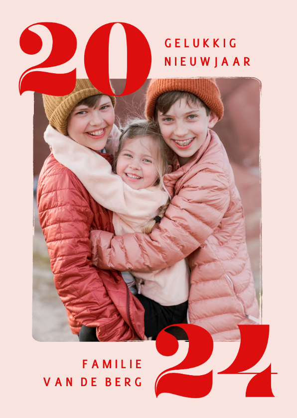 Trendy nieuwjaarskaart met eigen foto en jaartal roze - Nieuwjaarskaarten Nieuwjaarskaarten - Trendy nieuwjaarskaart met eigen foto en jaartal roze