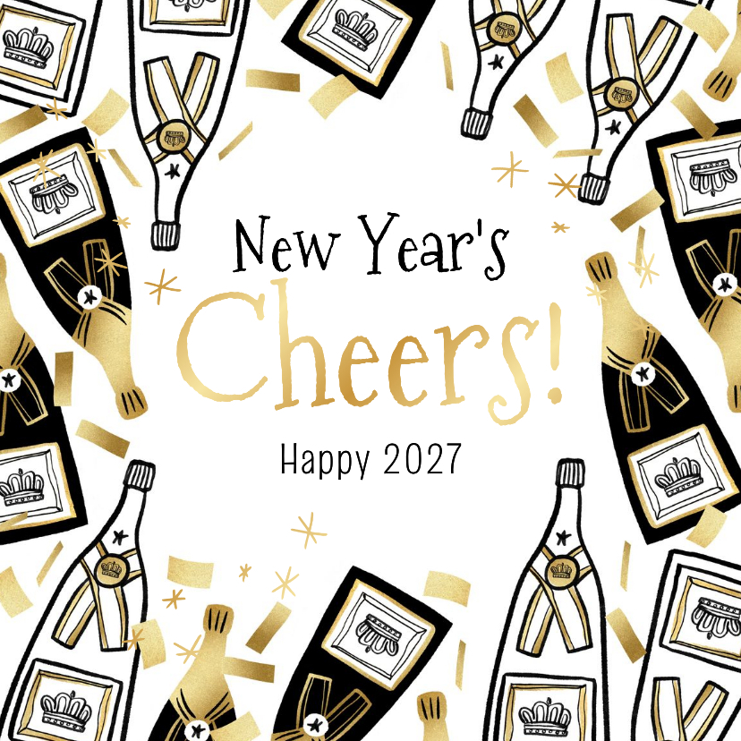 Trendy nieuwjaarskaart 'New Year's Cheers' champagne goud - Nieuwjaarskaarten Nieuwjaarskaarten - Trendy nieuwjaarskaart 'New Year's Cheers' champagne goud