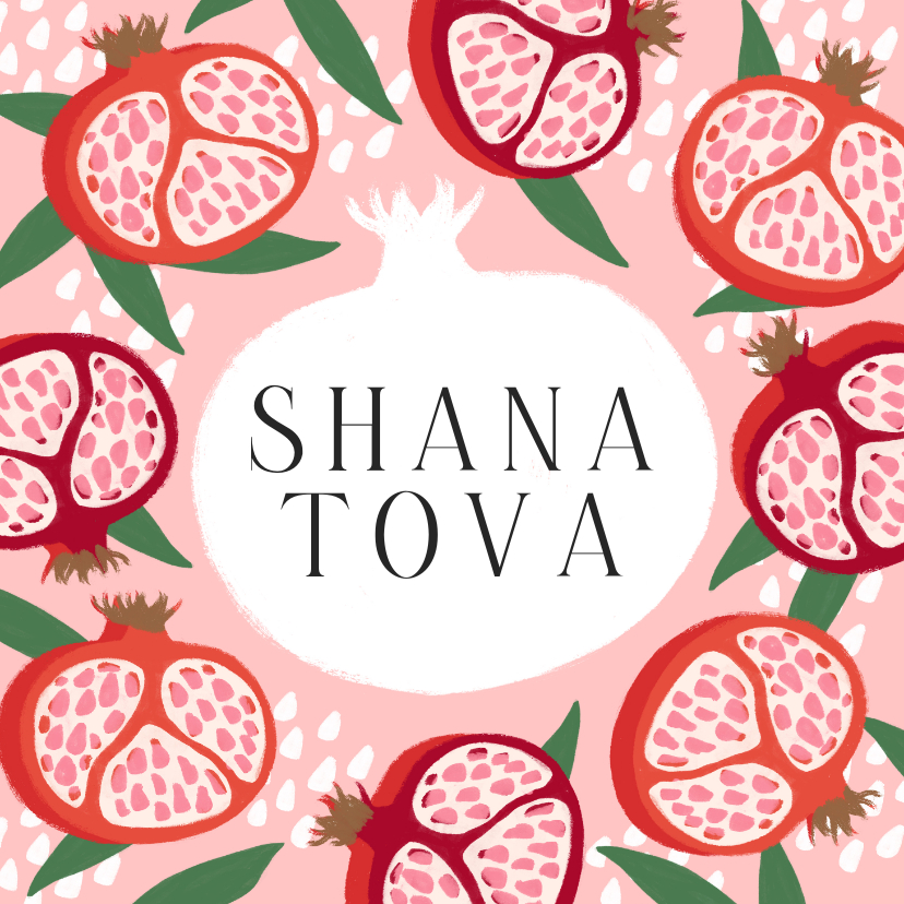 Nieuwjaarskaarten - Trendy nieuwjaarskaart Shana Tova granaatappels roze