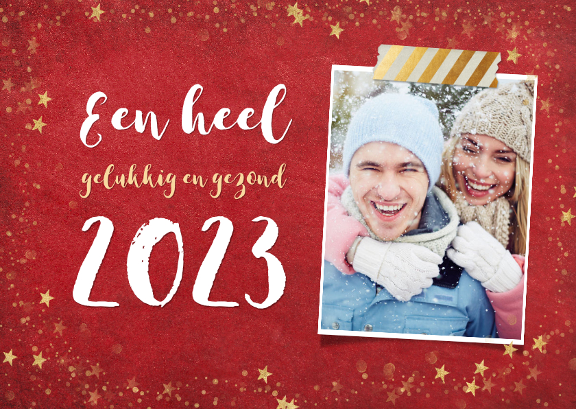 Nieuwjaarskaarten - Trendy rode nieuwjaarskaart met gouden sterren en 2023