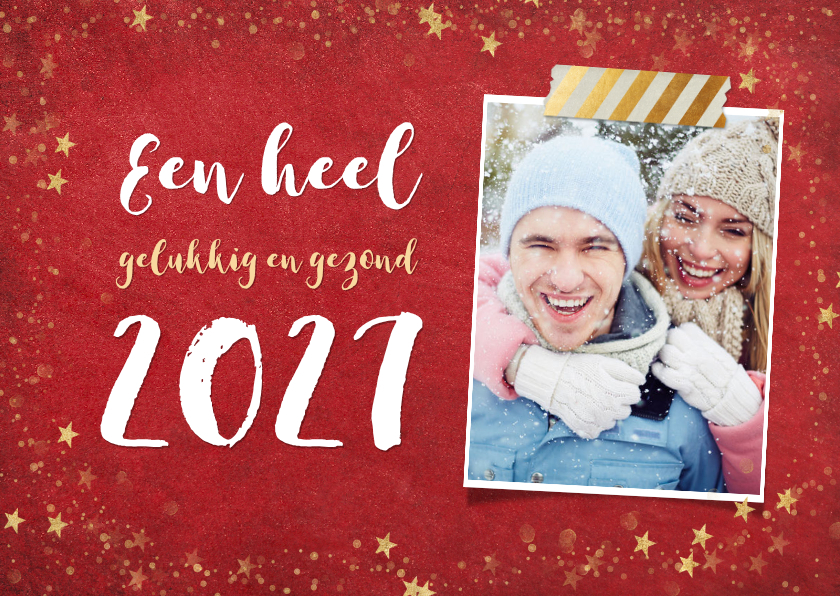 Nieuwjaarskaarten - Trendy rode nieuwjaarskaart met gouden sterren en 2027