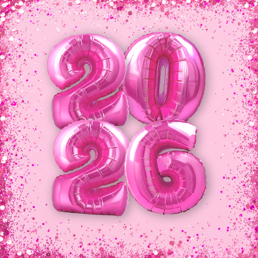 Trendy roze nieuwjaarskaart met glitters en groot jaartal - Nieuwjaarskaarten Nieuwjaarskaarten - Trendy roze nieuwjaarskaart met glitters en groot jaartal