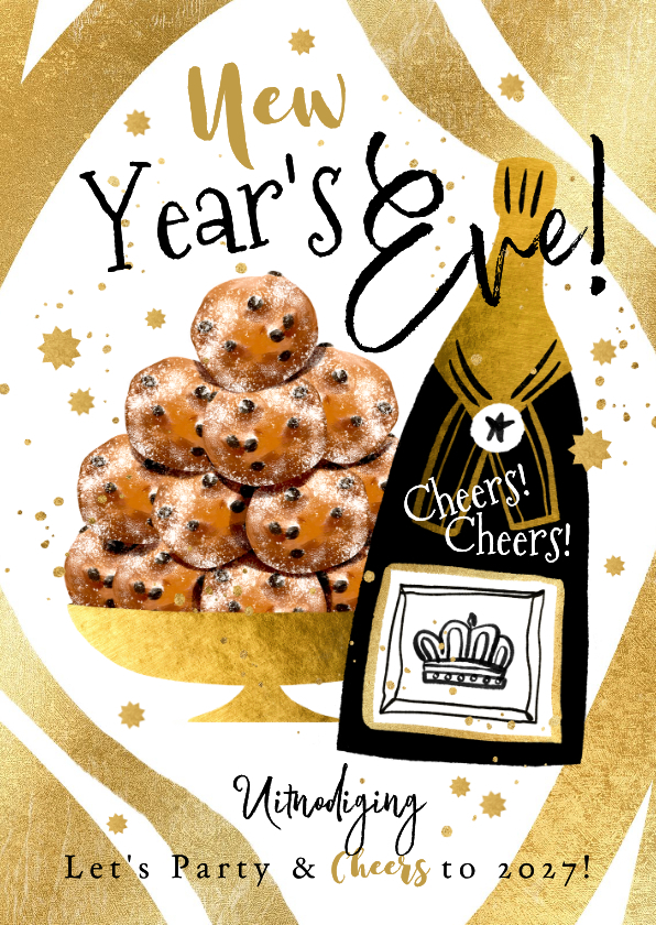 Trendy uitnodiging oudejaarsavond bubbels oliebollen goud - Nieuwjaarskaarten Nieuwjaarskaarten - Trendy uitnodiging oudejaarsavond bubbels oliebollen goud