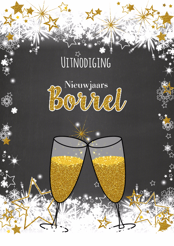 Uitnodiging borrel stoer lief en goud - Nieuwjaarskaarten Nieuwjaarskaarten - Uitnodiging borrel stoer lief en goud