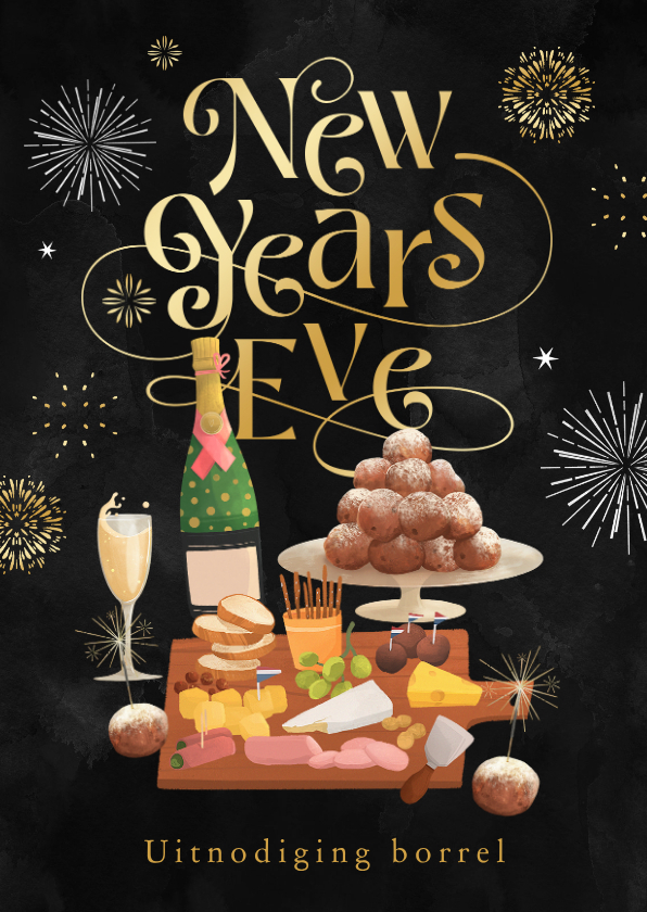 Uitnodiging nieuwjaarsborrel borrelplank oliebollen vuurwerk - Nieuwjaarskaarten Nieuwjaarskaarten - Uitnodiging nieuwjaarsborrel borrelplank oliebollen vuurwerk