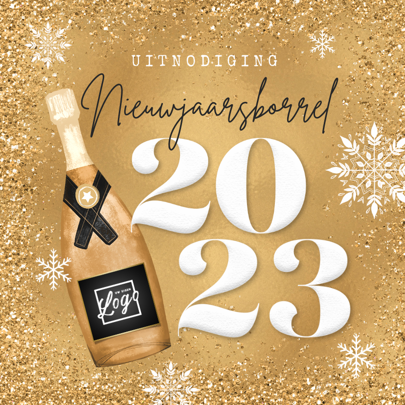 Nieuwjaarskaarten - Uitnodiging nieuwjaarsborrel champagne goud 2023