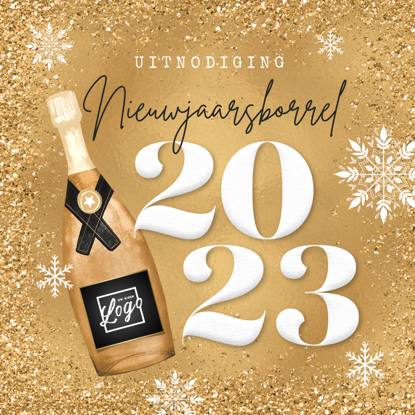 Uitnodiging nieuwjaarsborrel champagne goud 2023 - Nieuwjaarskaarten Nieuwjaarskaarten - Uitnodiging nieuwjaarsborrel champagne goud 2023