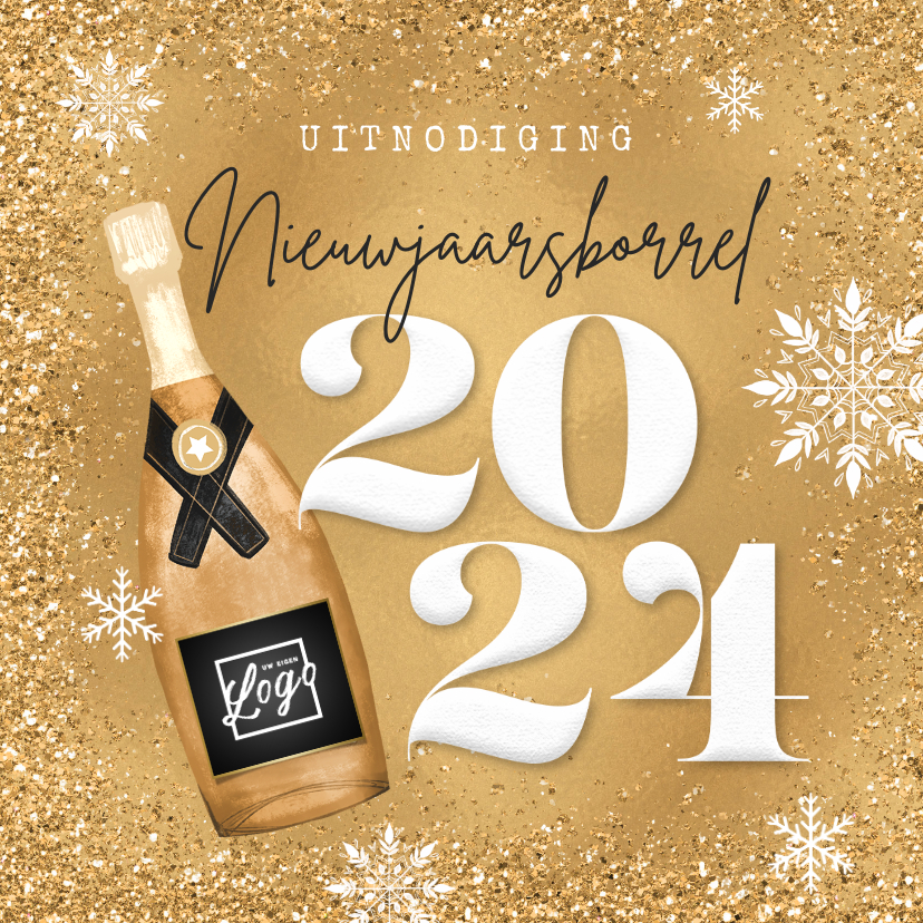 Nieuwjaarskaarten - Uitnodiging nieuwjaarsborrel champagne goud 2024