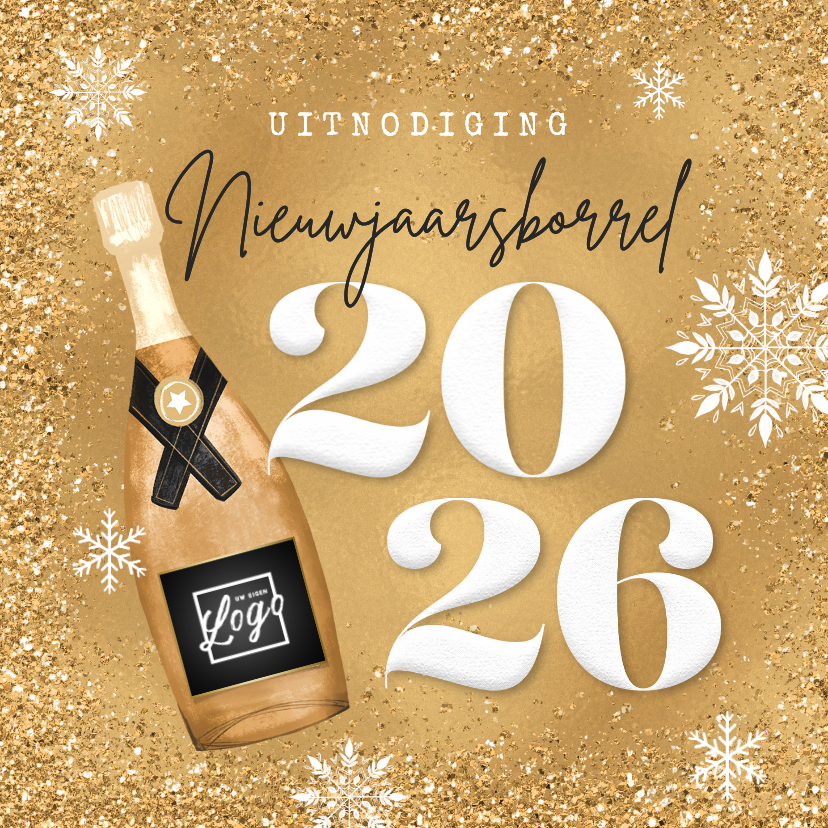 Nieuwjaarskaarten - Uitnodiging nieuwjaarsborrel champagne goud 2026