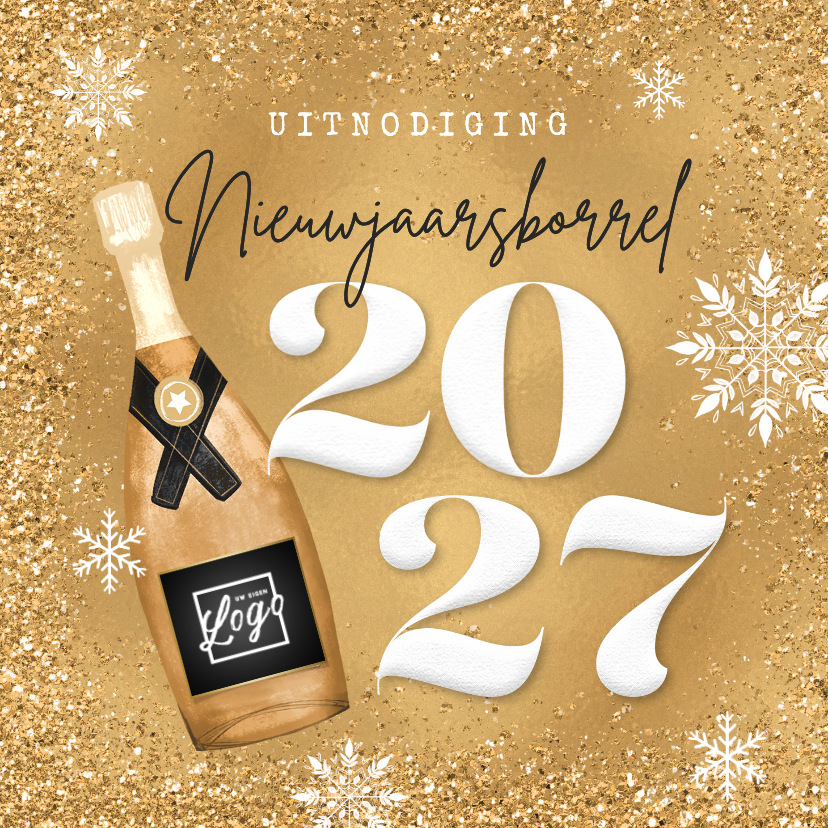 Uitnodiging nieuwjaarsborrel champagne goud 2027 - Nieuwjaarskaarten Nieuwjaarskaarten - Uitnodiging nieuwjaarsborrel champagne goud 2027