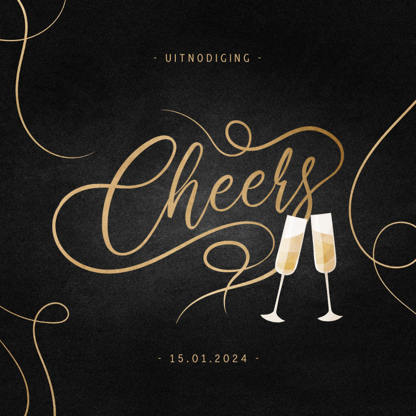 Nieuwjaarskaarten - Uitnodiging nieuwjaarsborrel champagne met gouden linten