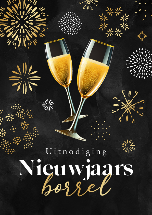 Nieuwjaarskaarten - Uitnodiging nieuwjaarsborrel champagne vuurwerk goud