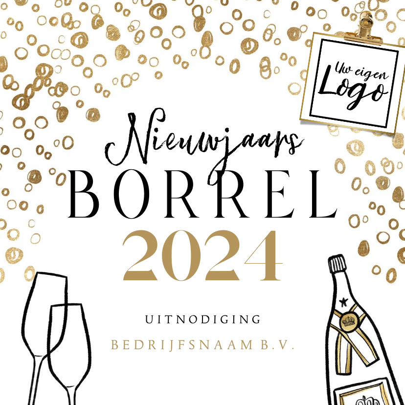 Nieuwjaarskaarten - Uitnodiging nieuwjaarsborrel champagnefles bubbles logo