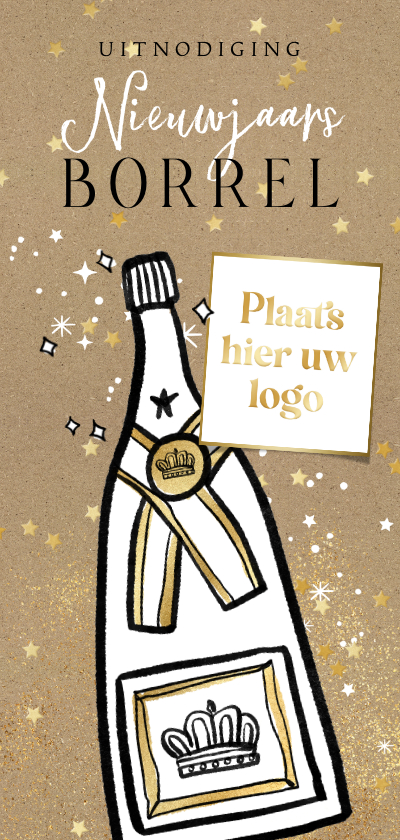 Nieuwjaarskaarten - Uitnodiging nieuwjaarsborrel champagnefles goud kraft logo
