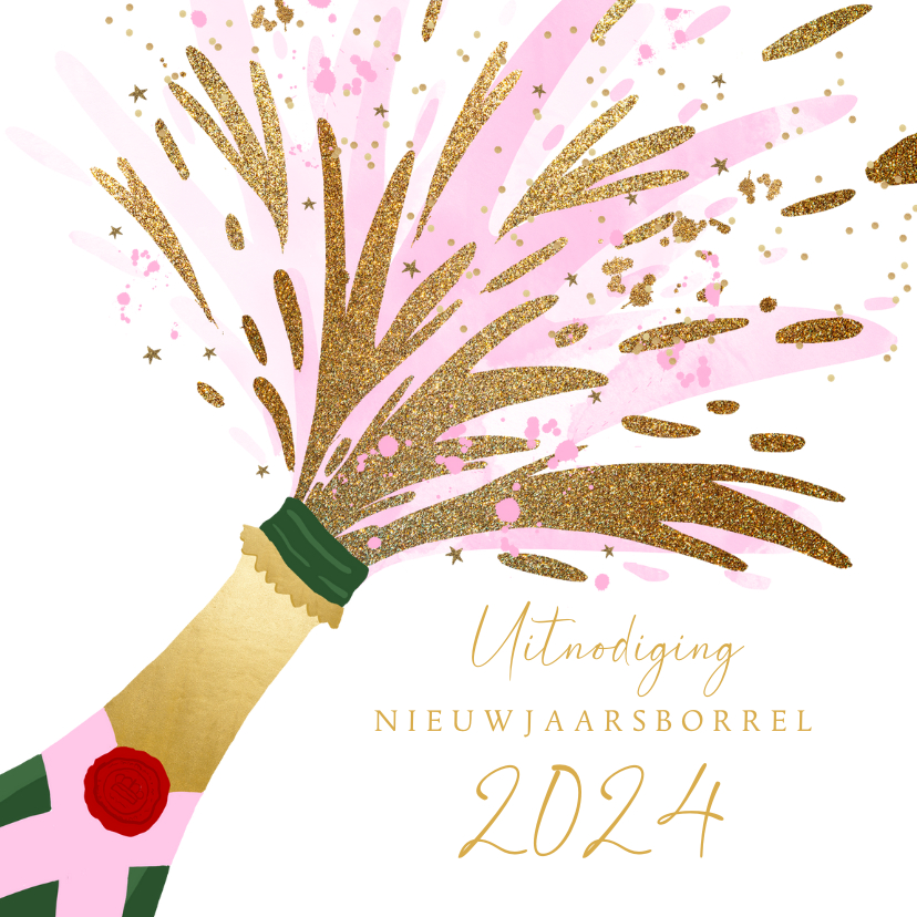 Nieuwjaarskaarten - Uitnodiging nieuwjaarsborrel champagnefles hip