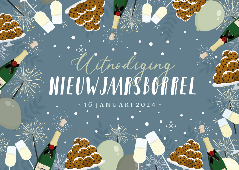 Nieuwjaarskaarten - Uitnodiging nieuwjaarsborrel oliebollen en champagne 